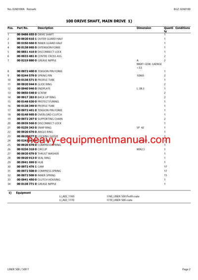 CLAAS LINER 500 500T SWATHER PARTS CATALOG MANUAL SN G1301001-G1309999