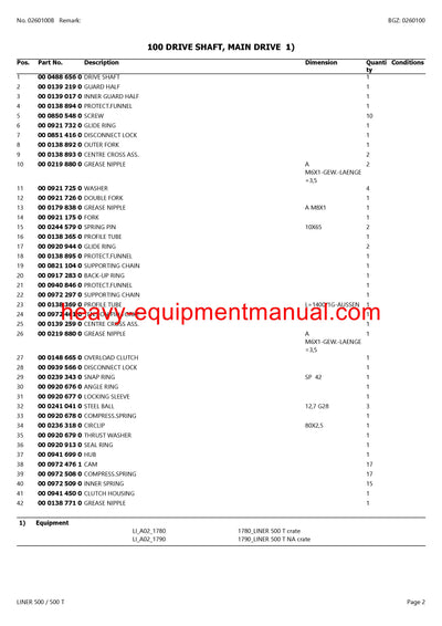 CLAAS LINER 500 500T SWATHER PARTS CATALOG MANUAL SN G1301001-G1309999