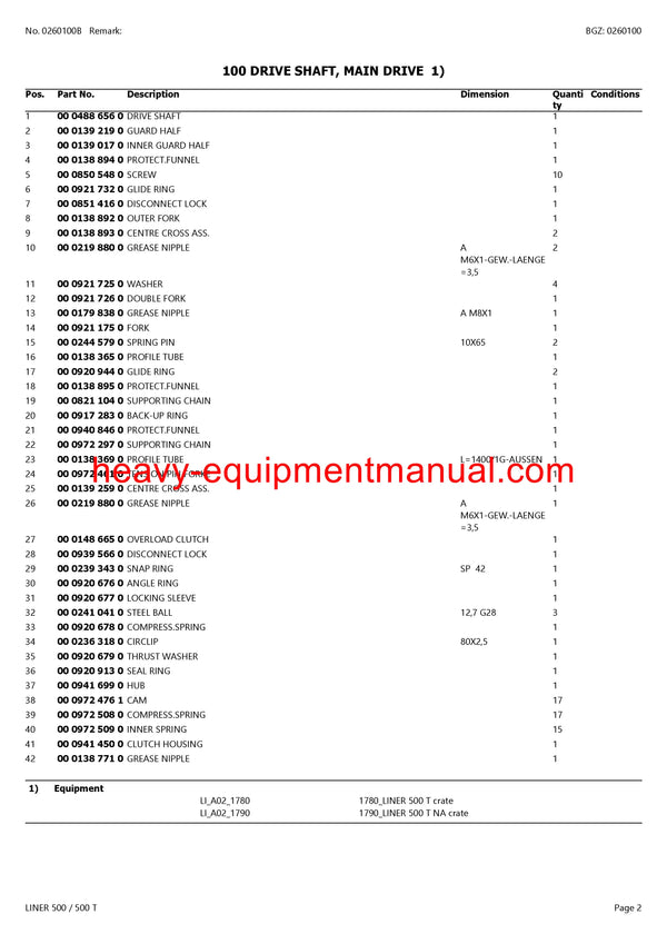 CLAAS LINER 500 500T SWATHER PARTS CATALOG MANUAL SN G1301001-G1309999