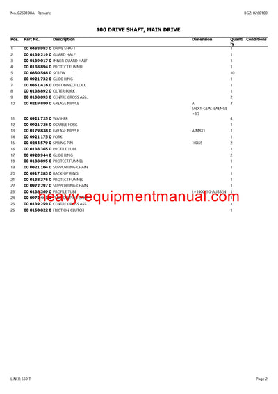 CLAAS LINER 550 T SWATHER PARTS CATALOG MANUAL SN G1401001-G1409999