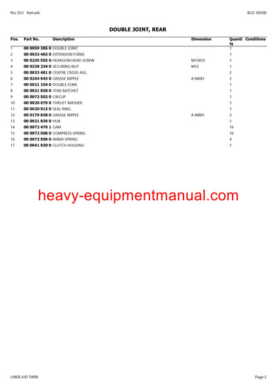 CLAAS LINER 650 TWIN SWATHER PARTS CATALOG MANUAL SN 60701001-60799999