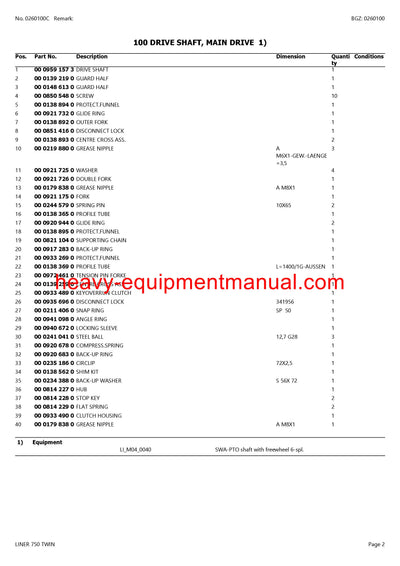CLAAS LINER 750 TWIN SWATHER PARTS CATALOG MANUAL SN 60901001-60909999
