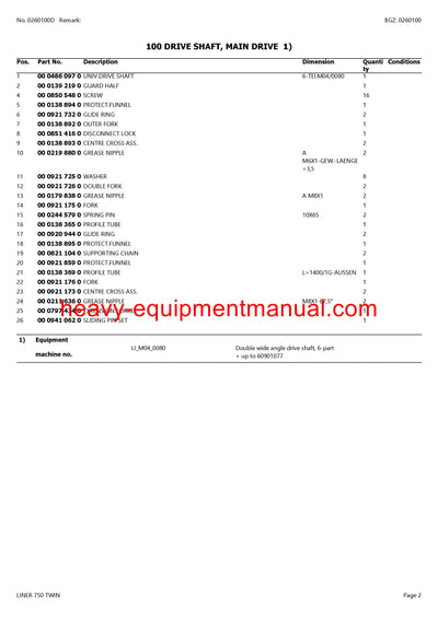CLAAS LINER 750 TWIN SWATHER PARTS CATALOG MANUAL SN 60901001-60909999