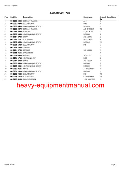 CLAAS LINER 760 HY SWATHER PARTS CATALOG MANUAL SN 398001001-38099999