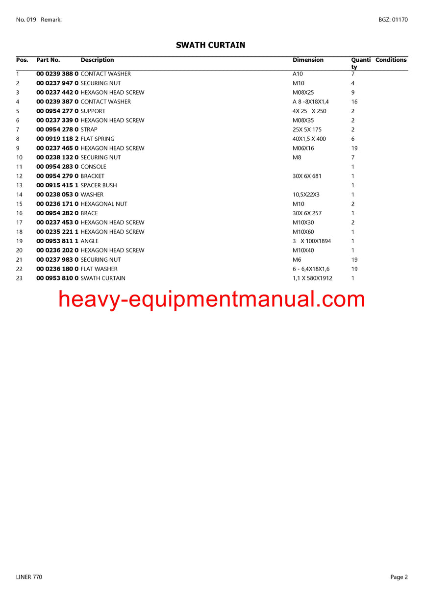 PDF Claas 770 Liner Swather Parts Manual