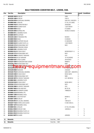 PDF Claas 65 Markant Baler Parts Manual