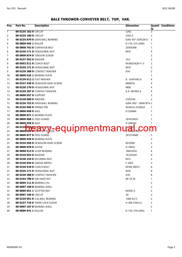 CLAAS MARKANT 65 BALER PARTS CATALOG MANUAL SN 04100002-04199999