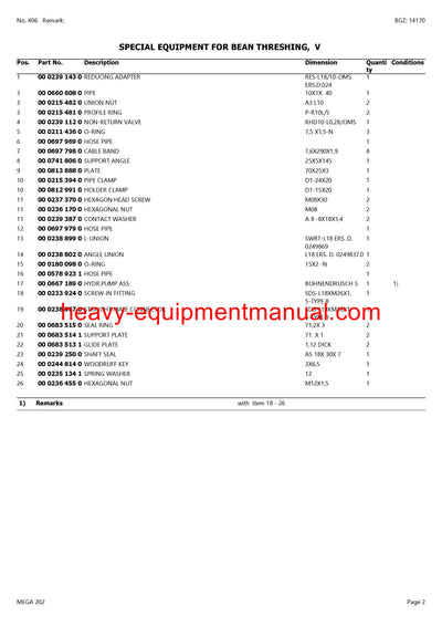 CLAAS MEGA 202 COMBINE PARTS CATALOG MANUAL (SN: 92500011-92599999)