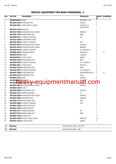 CLAAS MEGA 202 COMBINE PARTS CATALOG MANUAL (SN: 09250011-09299999)
