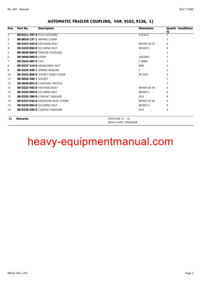 CLAAS MEGA 204/203 COMBINE PARTS CATALOG MANUAL (SN: 93500011-93599999)
