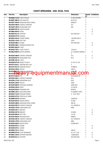 CLAAS MEGA 204/203 COMBINE PARTS CATALOG MANUAL (SN: 93500011-93599999)