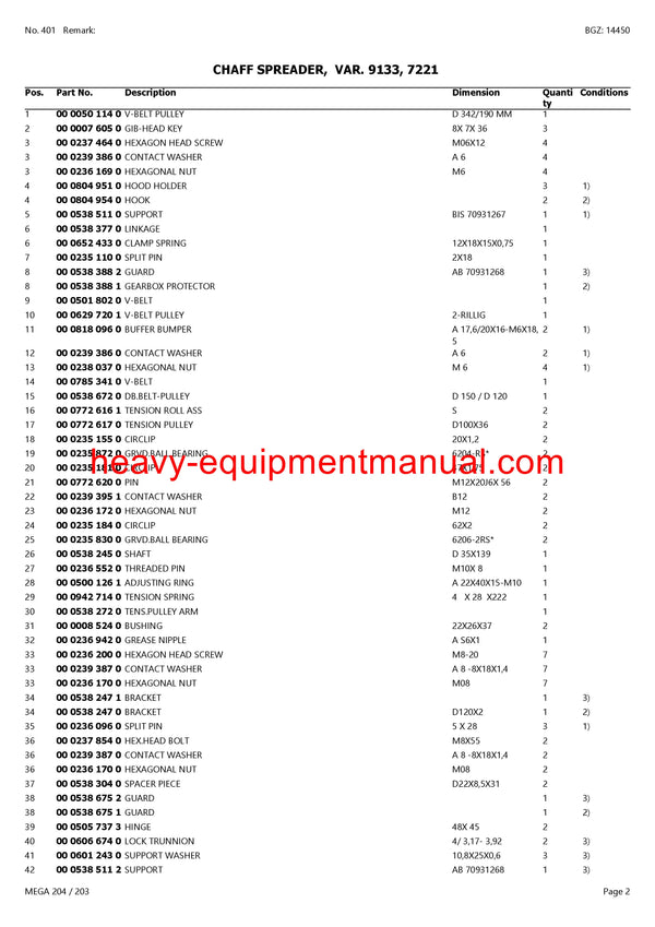 CLAAS MEGA 204/203 COMBINE PARTS CATALOG MANUAL (SN: 09350011-09399999)
