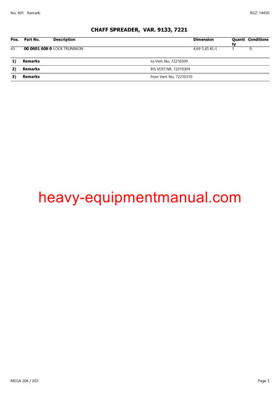 CLAAS MEGA 204/203 COMBINE PARTS CATALOG MANUAL (SN: 93500011-93599999)