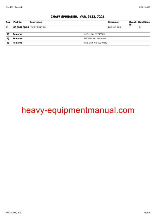 CLAAS MEGA 204/203 COMBINE PARTS CATALOG MANUAL (SN: 09350011-09399999)