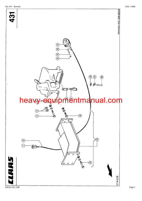CLAAS MEGA 218/208 COMBINE PARTS CATALOG MANUAL (SN: 09450011-09499999)