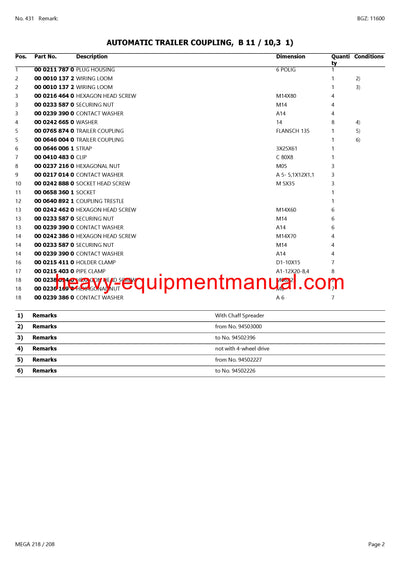 CLAAS MEGA 218/208 COMBINE PARTS CATALOG MANUAL (SN: 09450011-09499999)