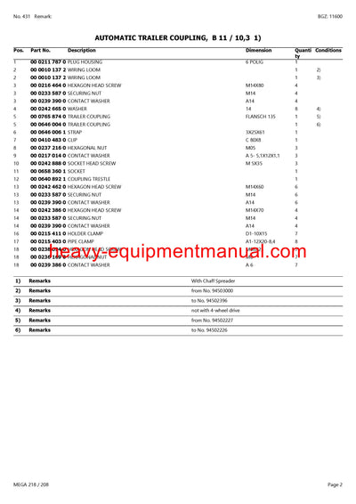 PDF Claas 218/208 Mega Combine Parts Manual
