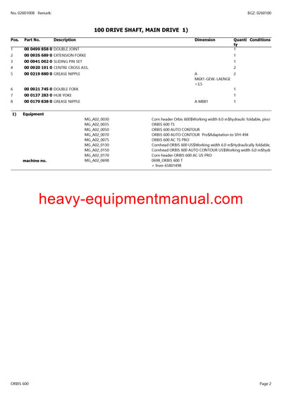 CLAAS ORBIS 600SD MAIZE HEADER PARTS CATALOG MANUAL