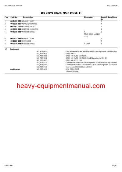PDF Claas 600SD Orbis Maize Header Parts Manual