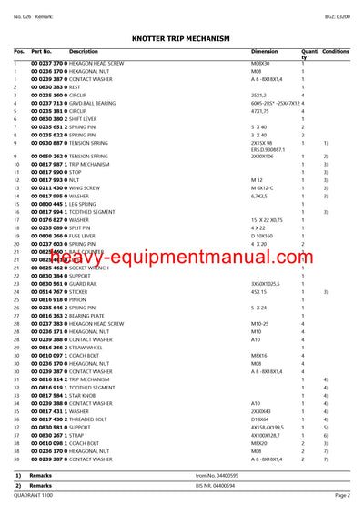 CLAAS QUADRANT 1100 BALER PARTS CATALOG MANUAL SN 04400001 - 04400724