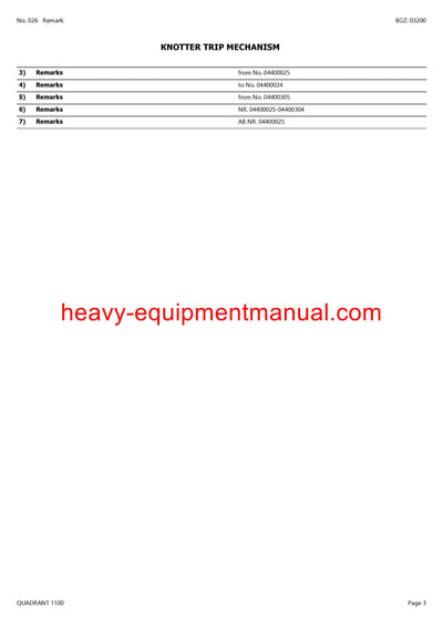CLAAS QUADRANT 1100 BALER PARTS CATALOG MANUAL SN 04400001 - 04400724