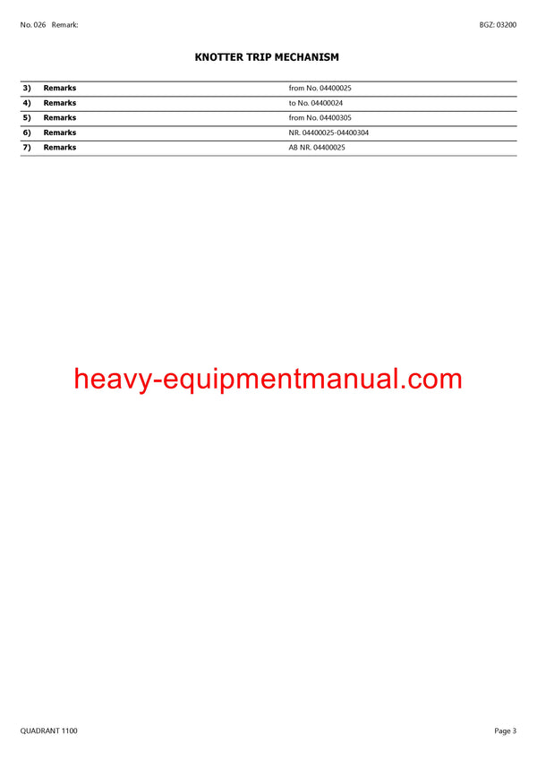 CLAAS QUADRANT 1100 BALER PARTS CATALOG MANUAL SN 04400001 - 04400724
