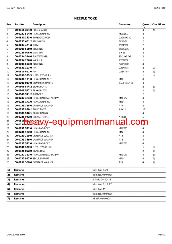 CLAAS QUADRANT 1100 BALER PARTS CATALOG MANUAL SN 04400001 - 04400724