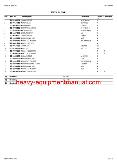 CLAAS QUADRANT 1150 BALER PARTS CATALOG MANUAL SN 04400275 - 04499999