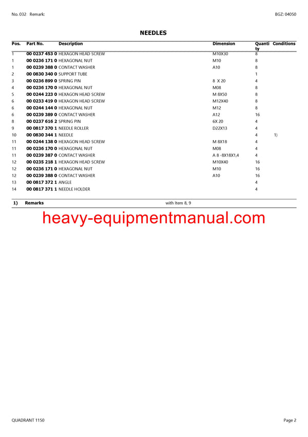 CLAAS QUADRANT 1150 BALER PARTS CATALOG MANUAL SN 73700011-73700745