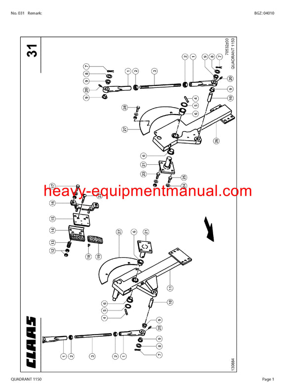 CLAAS QUADRANT 1150 BALER PARTS CATALOG MANUAL SN 73700011-73700745