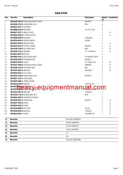 CLAAS QUADRANT 1200 BALER PARTS CATALOG MANUAL SN 04200011-04299999