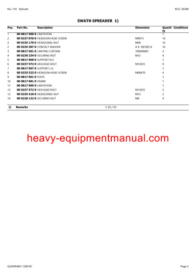 CLAAS QUADRANT 1200 RC BALER PARTS CATALOG MANUAL SN 04000011 - 04099999