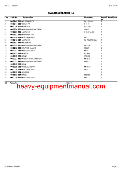 CLAAS QUADRANT 1200 RC BALER PARTS CATALOG MANUAL SN 04000011 - 04099999