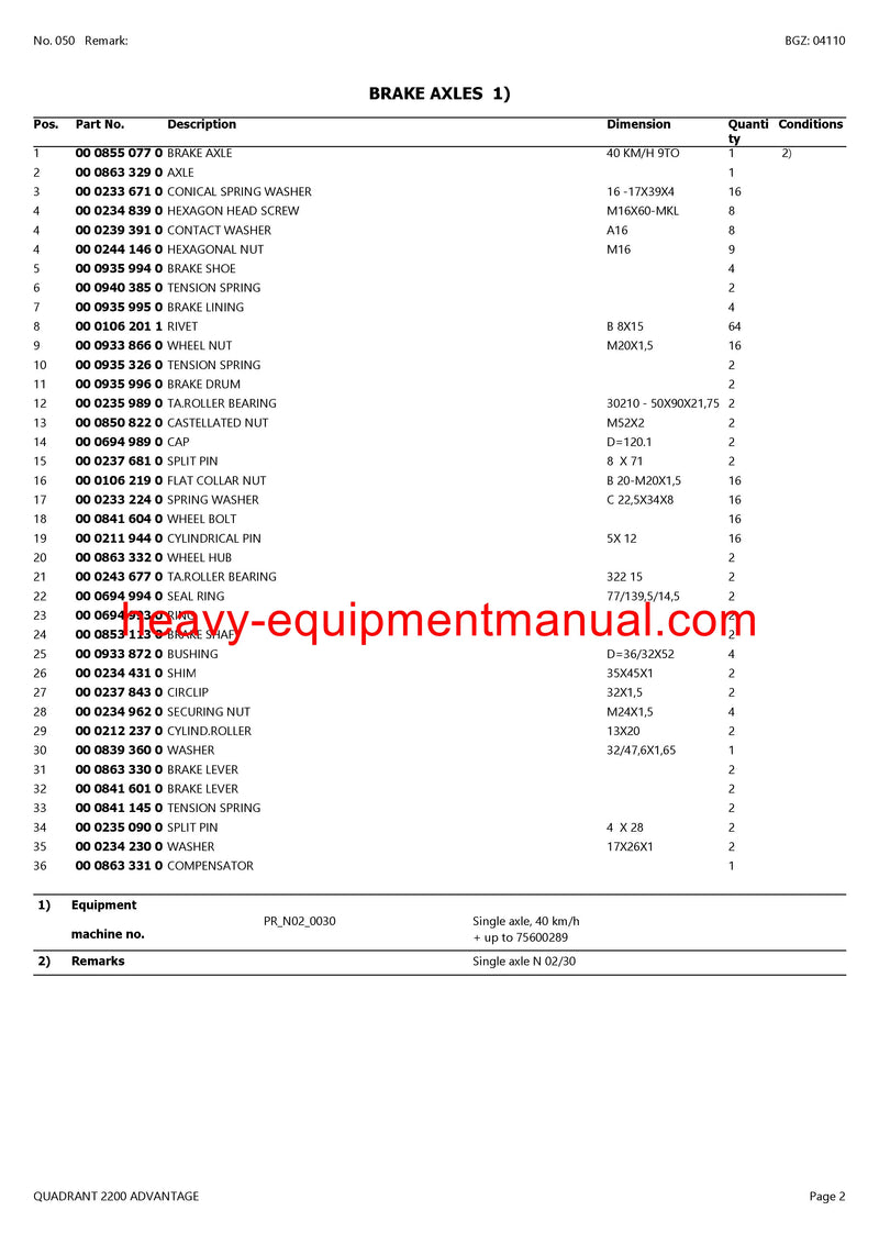 CLAAS QUADRANT 2200 ADVANTAGE BALERS PARTS CATALOG MANUAL SN 75600011-75699999