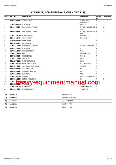 CLAAS QUADRANT 2200 RC BALER PARTS MANUAL SN 73500011-73599999