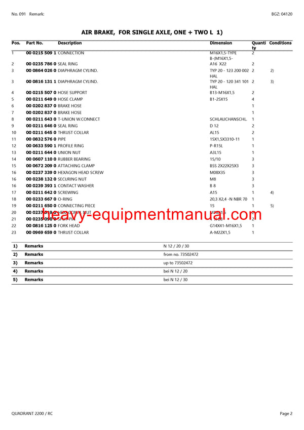 CLAAS QUADRANT 2200 RC BALER PARTS MANUAL SN 73500011-73599999