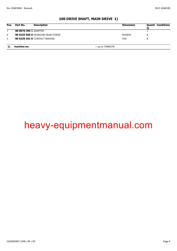 CLAAS QUADRANT 3200/RF/RC BALERS PARTS CATALOG MANUAL SN 74400011-74499999