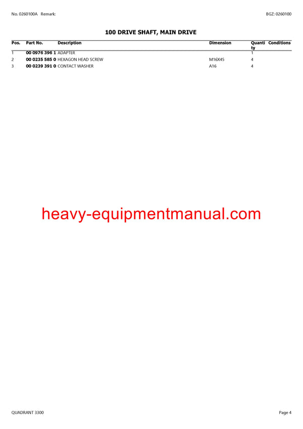 CLAAS QUADRANT 3300 BALER PARTS CATALOG MANUAL SN 75700011-75799999
