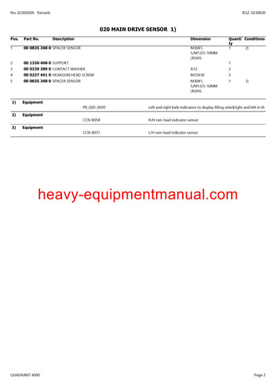 CLAAS QUADRANT 4000 BALERS PARTS CATALOG MANUAL SN 73700746 - 73799999