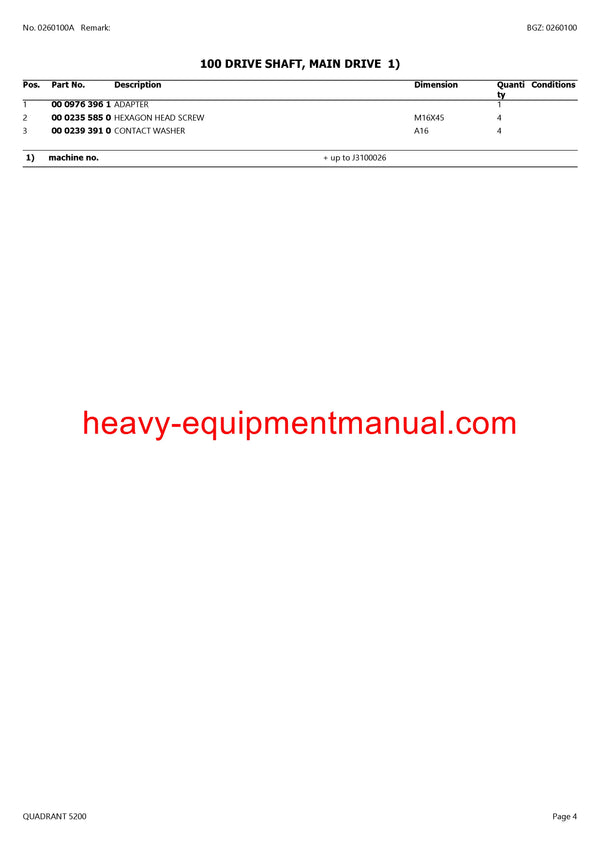 CLAAS QUADRANT 5200 BALERS PARTS CATALOG MANUAL SN J3100011-J3199999