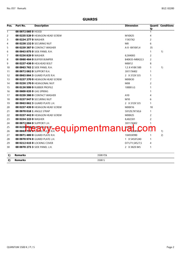 CLAAS QUANTUM 3500 K/P/S SELF LOADING WAGON PARTS CATALOG MANUAL SN 61101001-61199999