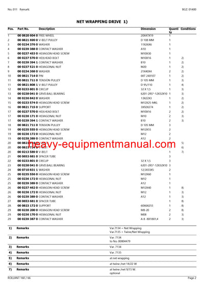 CLAAS ROLLANT 160 / 66 BALER PARTS CATALOG MANUAL SN 00800001-00899999