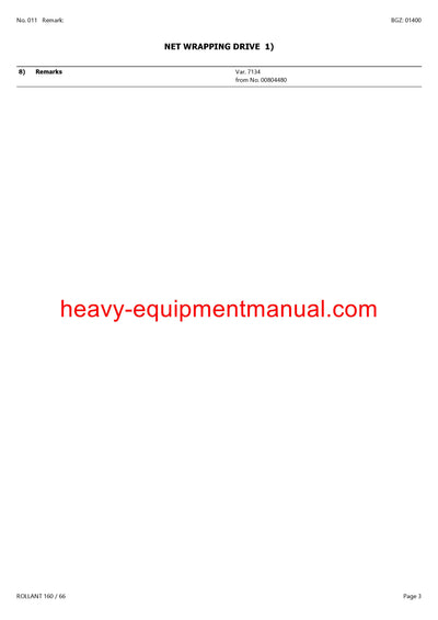 CLAAS ROLLANT 160 / 66 BALER PARTS CATALOG MANUAL SN 00800001-00899999