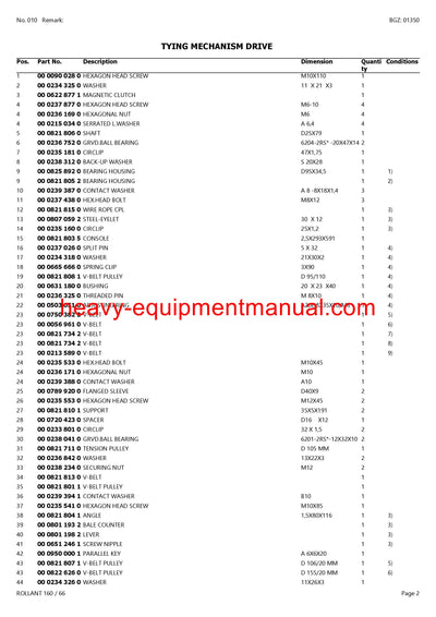 CLAAS ROLLANT 160 / 66 BALER PARTS CATALOG MANUAL SN 00800001-00899999