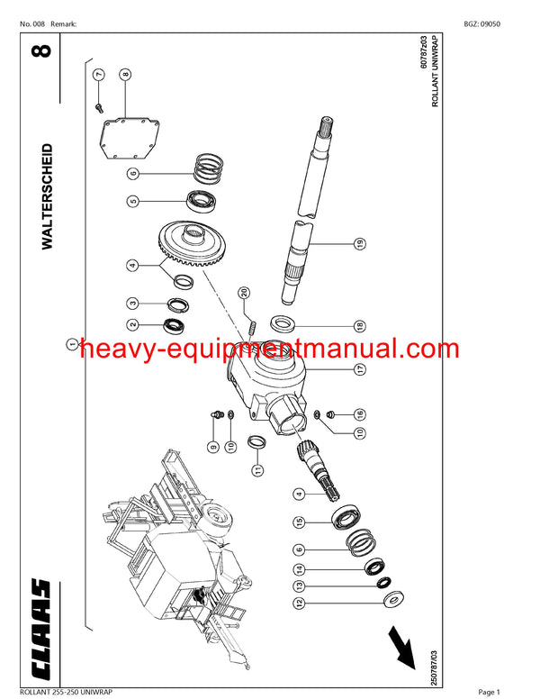 CLAAS ROLLANT 255-250 UNIWRAP BALER PARTS CATALOG MANUAL SN 72600011-72699999
