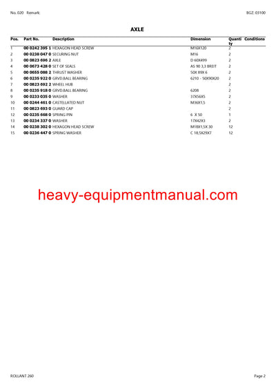 CLAAS ROLLANT 260 BALER PARTS CATALOG MANUAL SN 76500011-76599999