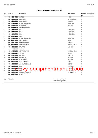 CLAAS ROLLANT 375/355 UNIWRAP BALER PARTS CATALOG MANUAL SN 76600011-76699999