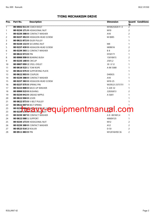 CLAAS ROLLANT 42 BALER PARTS CATALOG MANUAL SN 00900001-00901399