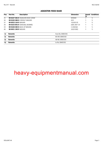 CLAAS ROLLANT 44 BALER PARTS CATALOG MANUAL SN 00400003-00499999