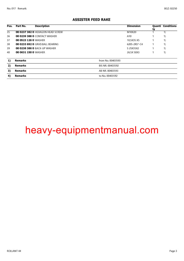 CLAAS ROLLANT 44 BALER PARTS CATALOG MANUAL SN 00400003-00499999